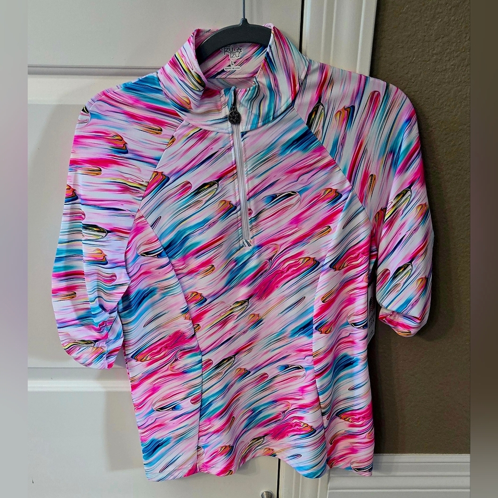NWT!  Tzu Tzu colorful Cosmic 1/4 zip short sleeve UPF 50+ LARGE polo shirt top